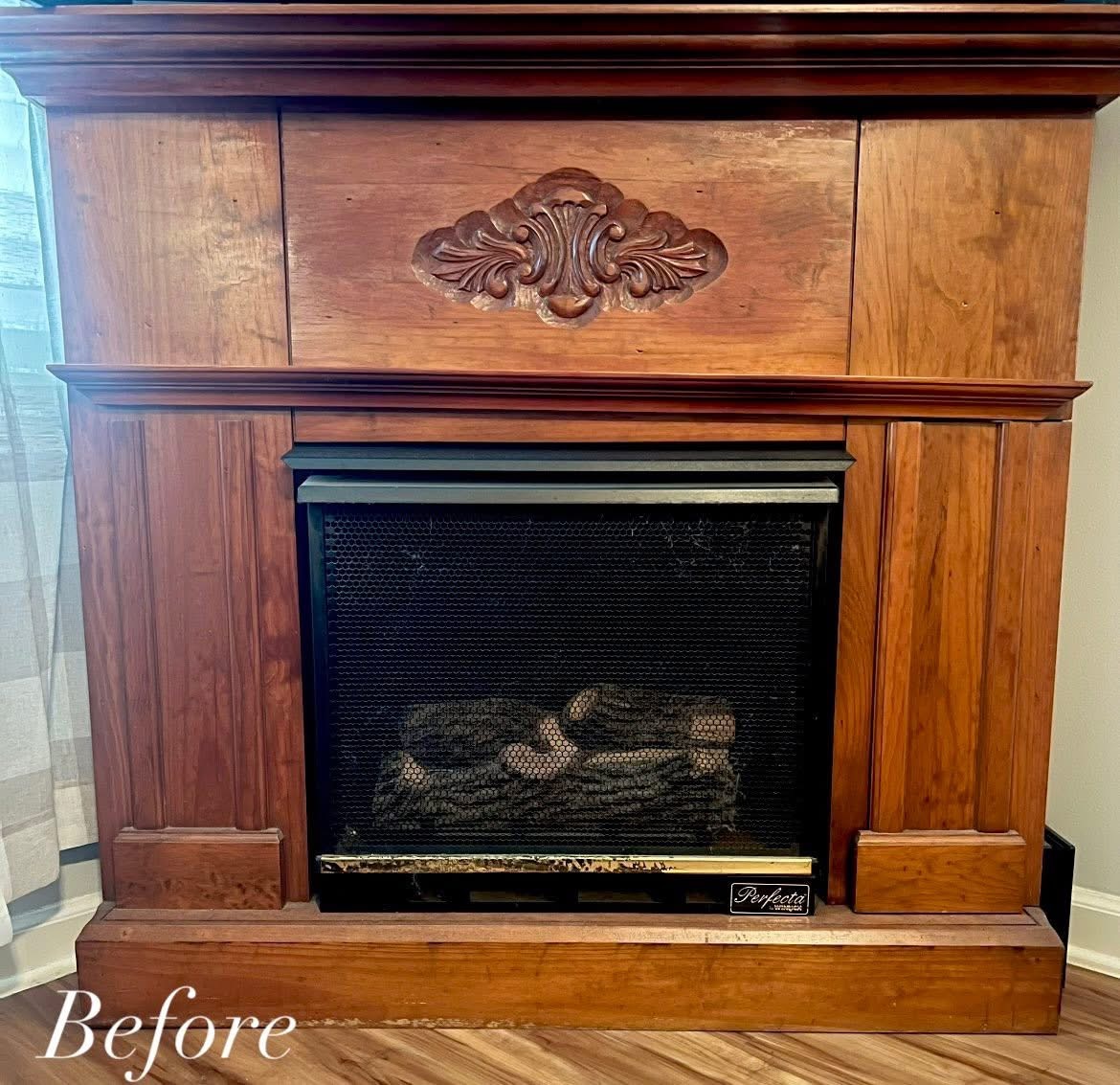 Wood fireplace before refinishing