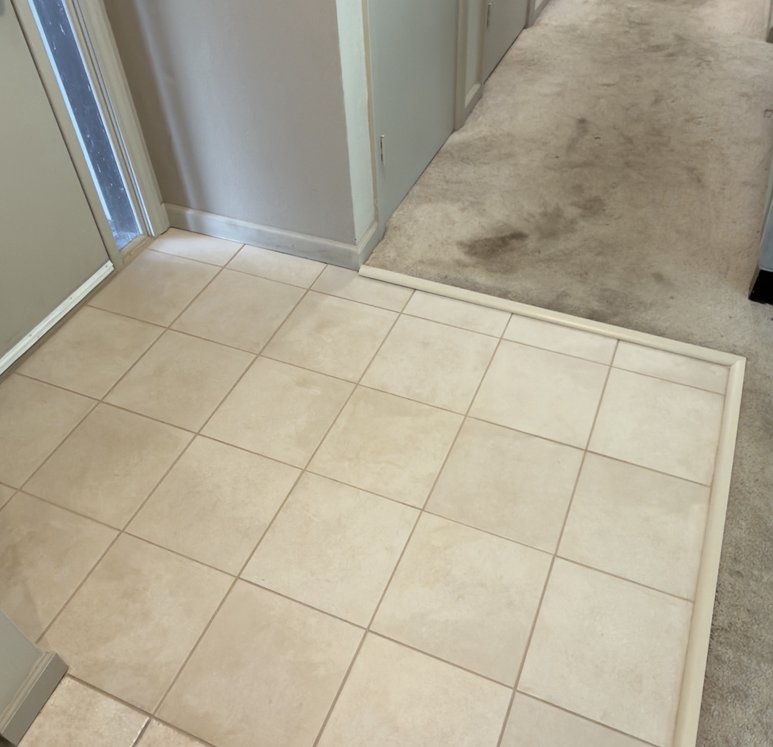 Tile installation transitioning into existing carpet